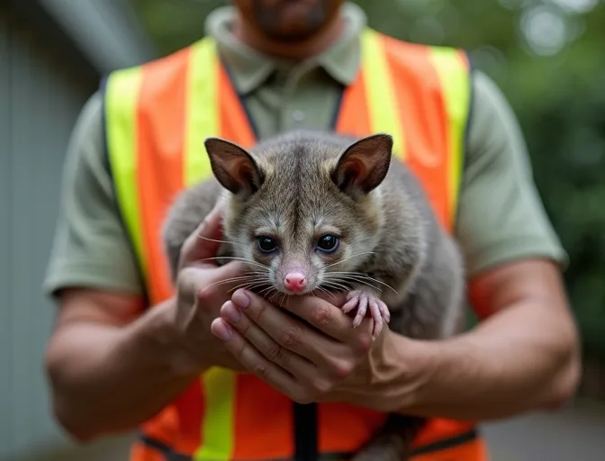 Animal handler safely recovering a deceased possum in Port Melbourne